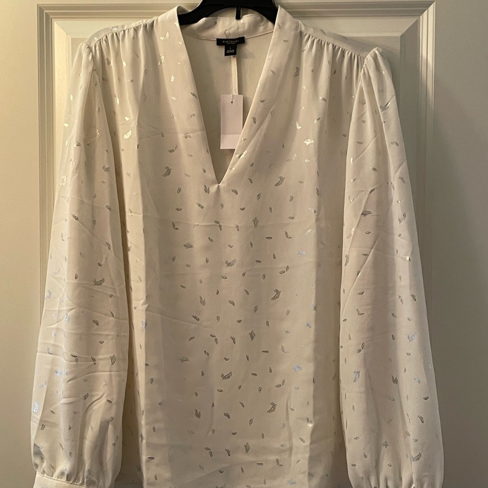 Ann Taylor Cream Blouse with Silver Foil Leaf Print